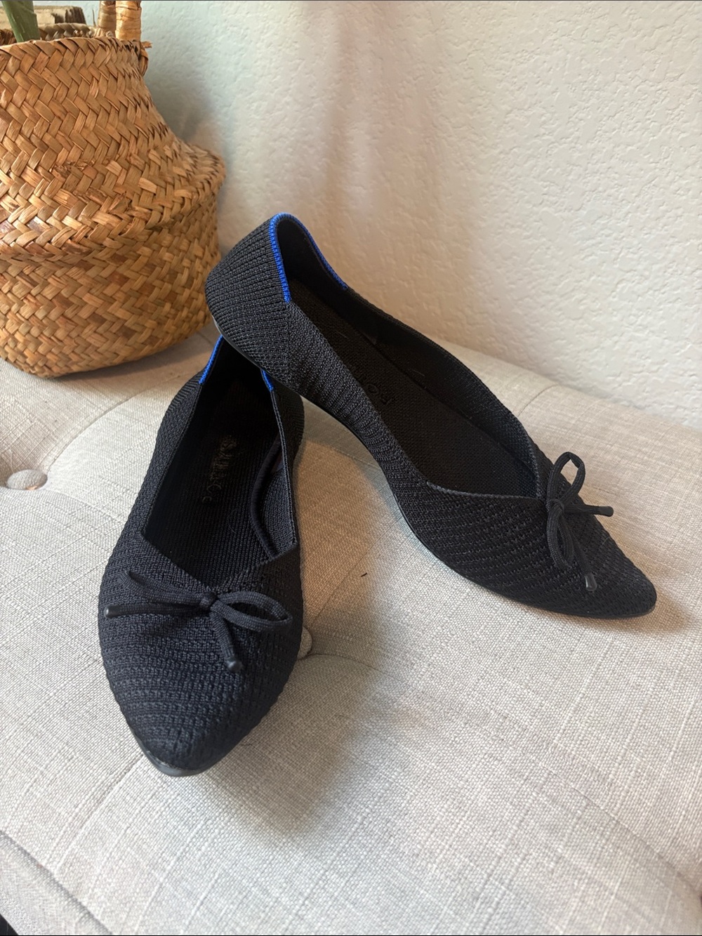 Rothy's Black Pointed Knit Flats with bow and Blue Trim 7